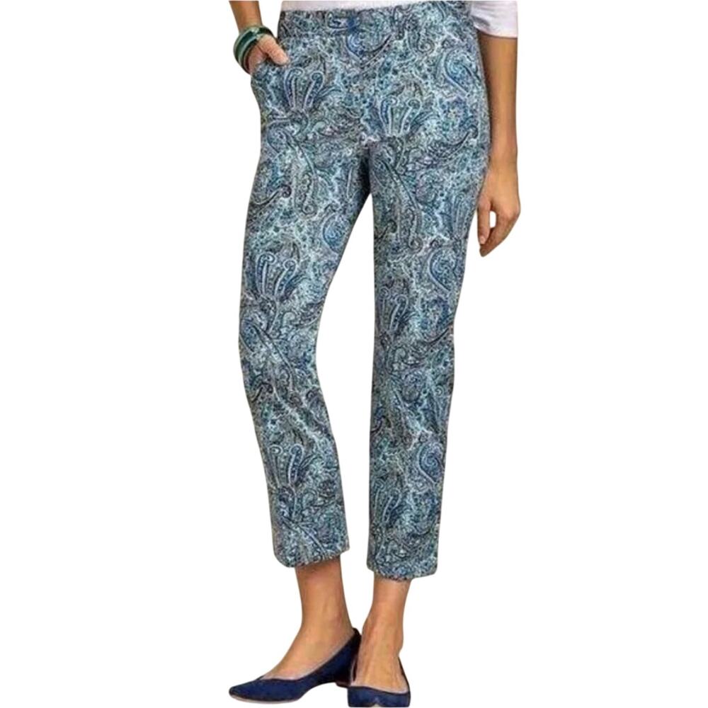 Talbots Ladies blue paisley modern straight cropped pants pockets, blues, Size 2